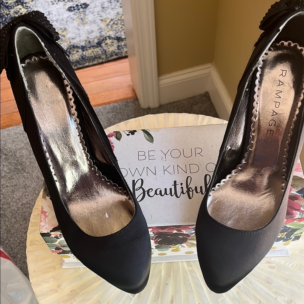 Rampage Elegant Black Heels with Decorative Beaded Bow in Back, Size 9M.